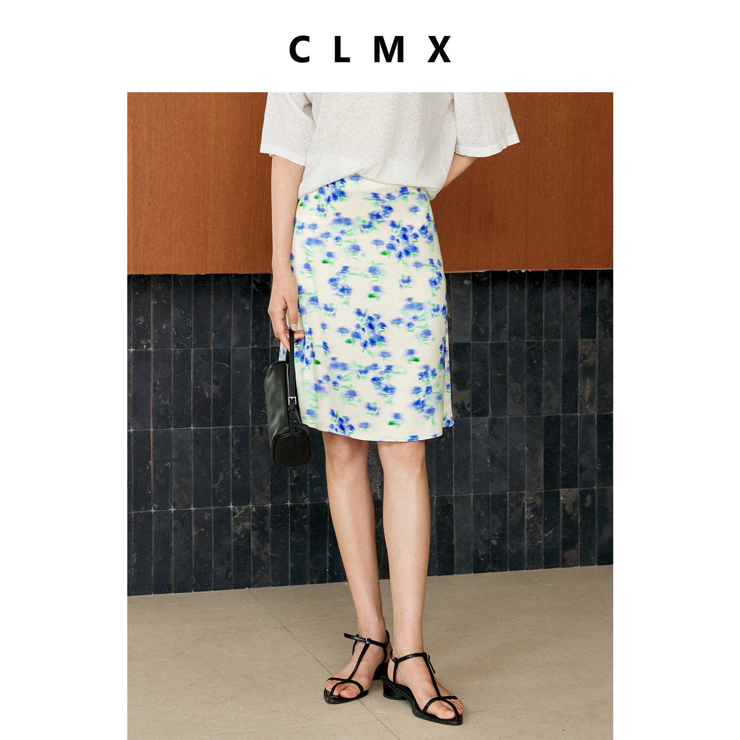 CLMX醋纤缎面印花轻薄A字半裙