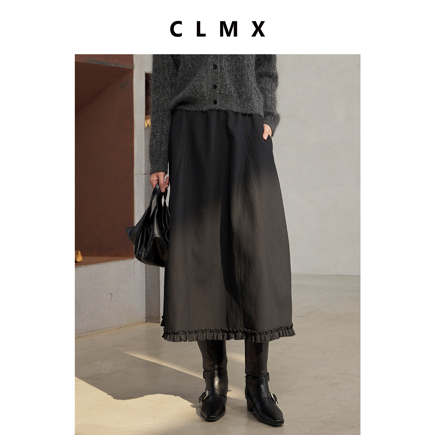 CLMX哑光羊皮肌理感金属丝挺阔不僵花边裙摆升比例显瘦半身裙,女装/女士精品,半身裙,淘宝优惠券,粉丝福利购,淘宝优惠卷