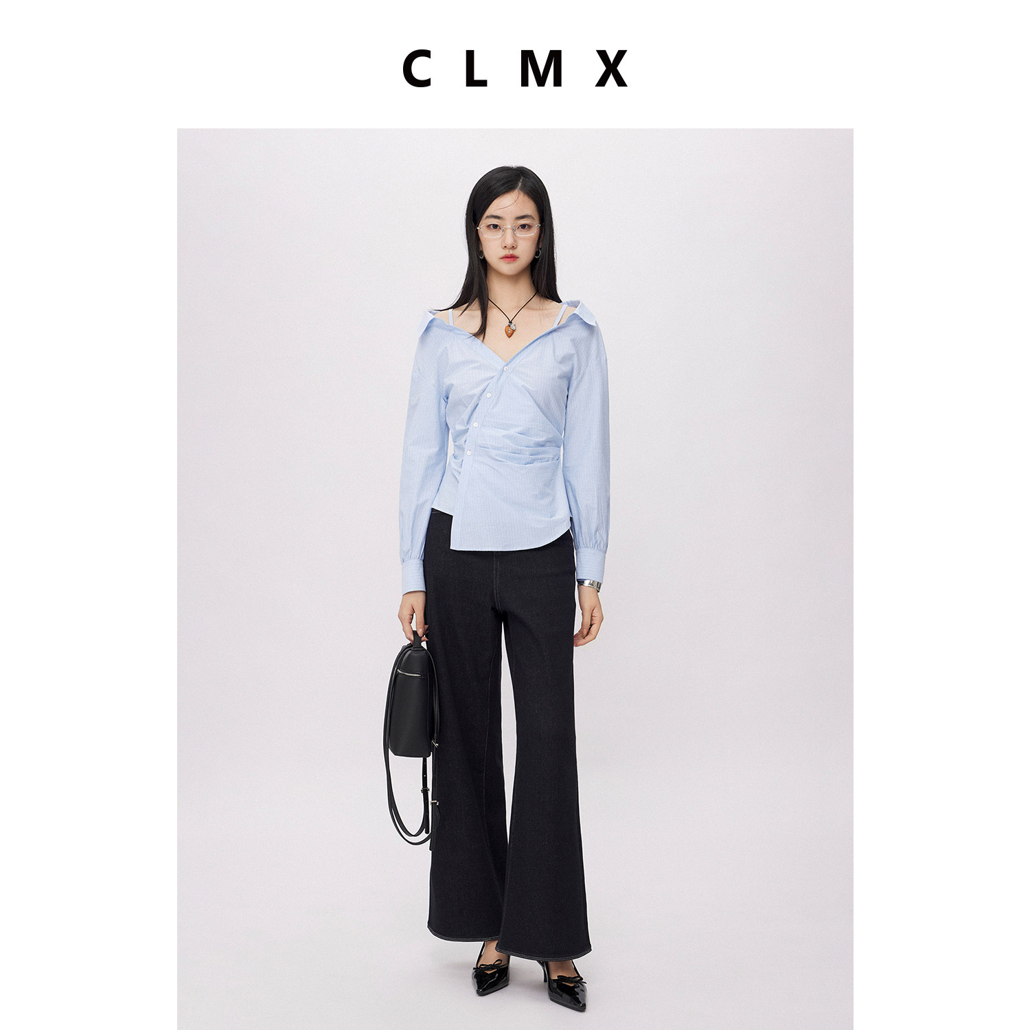 CLMX四面微弹棉混纺色织条纹面料微露可调节肩带设计条纹翻领衬衫