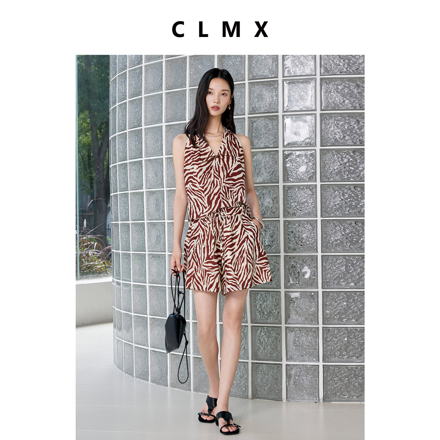 CLMX莱赛尔亚麻挂脖V夏季套装
