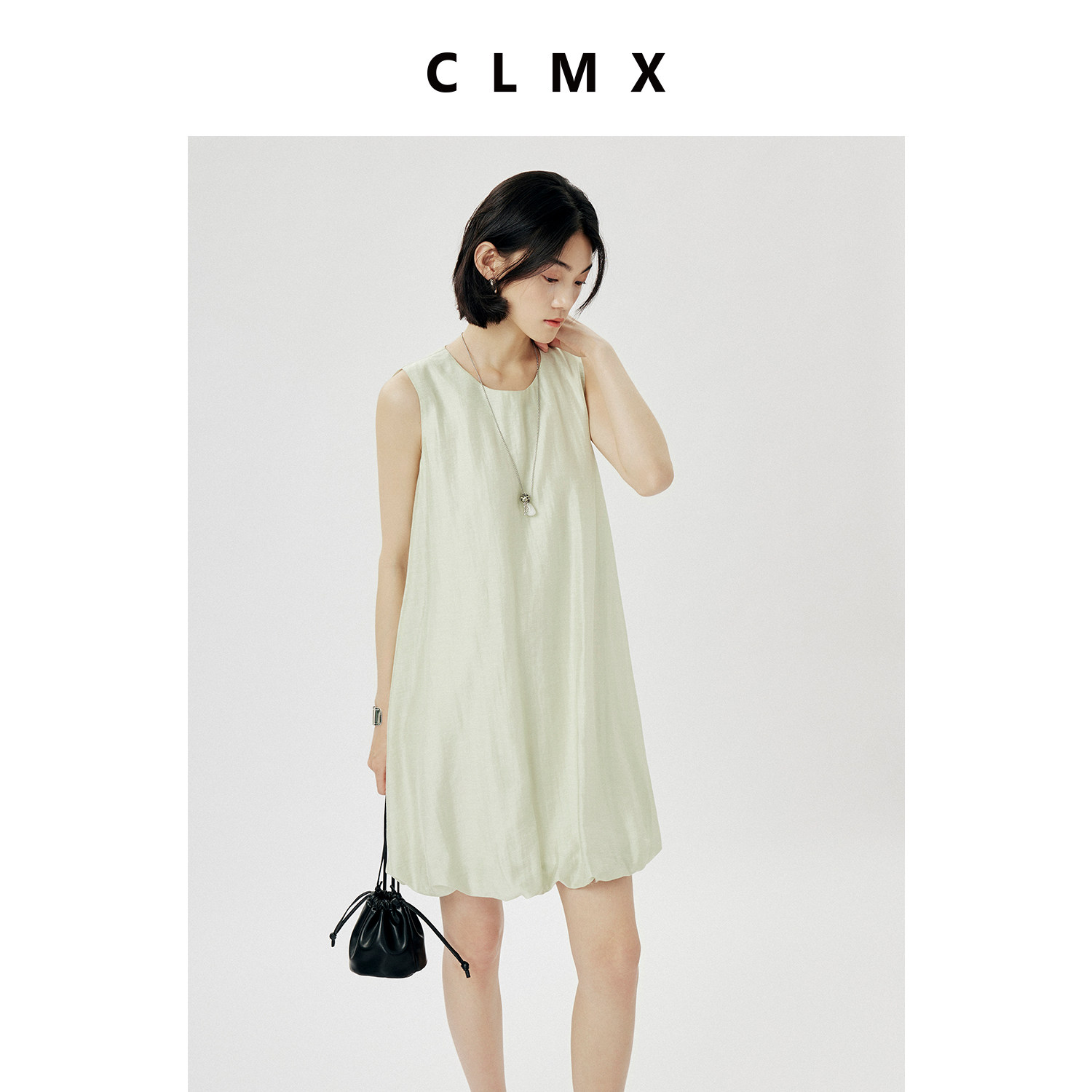 CLMX简约纯色通勤裙子自然纱结肌理莱赛尔醋酸面料无袖花苞连衣裙