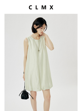 CLMX简约纯色通勤裙子自然纱结肌理莱赛尔醋酸面料无袖花苞连衣裙