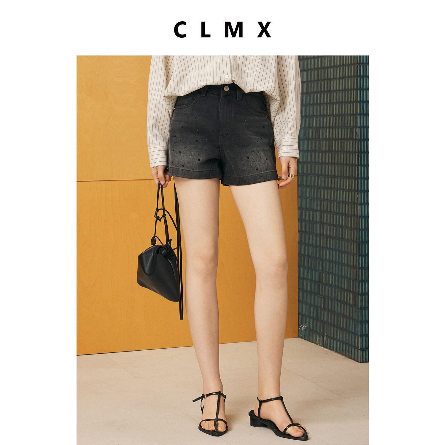 CLMX复古烫钻直筒牛仔短裤女