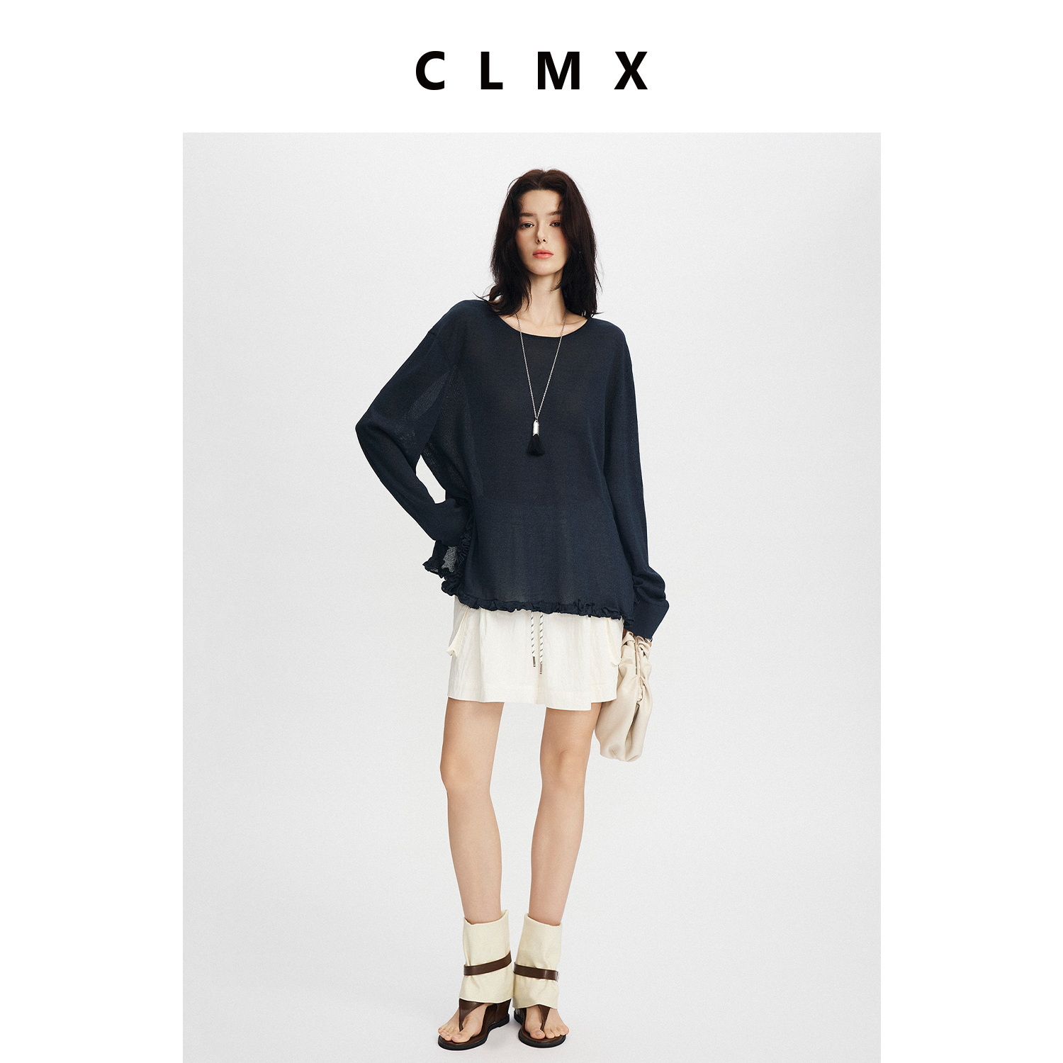 CLMX纯色简约宽松上衣和纸混纺纱面料花边圆领针织衫T恤亲肤透气