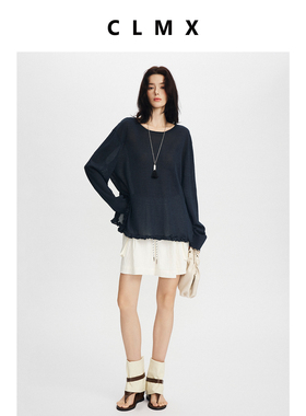 CLMX纯色简约宽松上衣和纸混纺纱面料花边圆领针织衫T恤亲肤透气