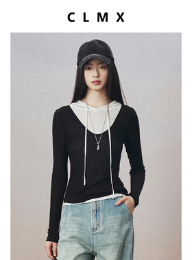 CLMX云柔裸感莱赛尔羊毛抽绳连帽针织衫 INS风撞色修身假两件T恤