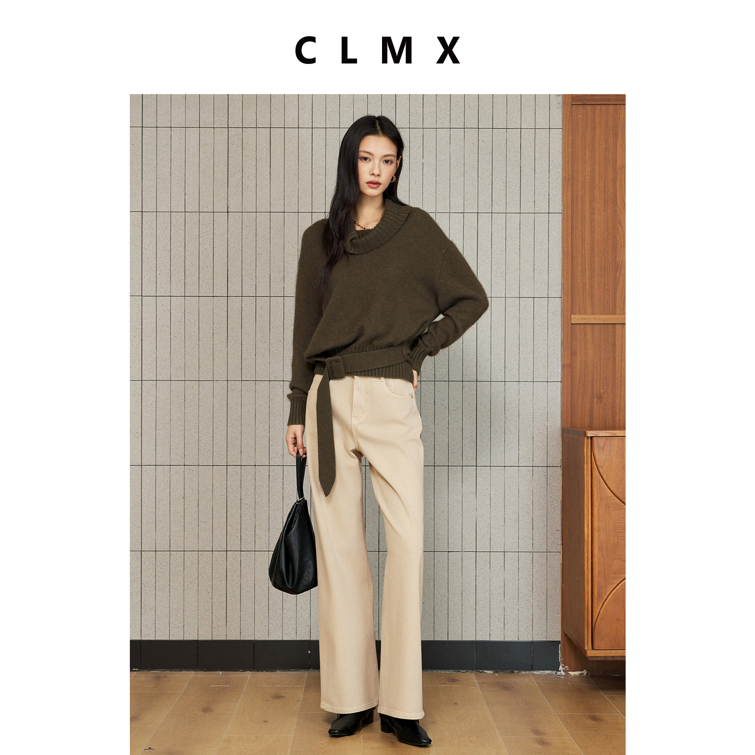 CLMX羊毛羊绒堆堆领针织衫女