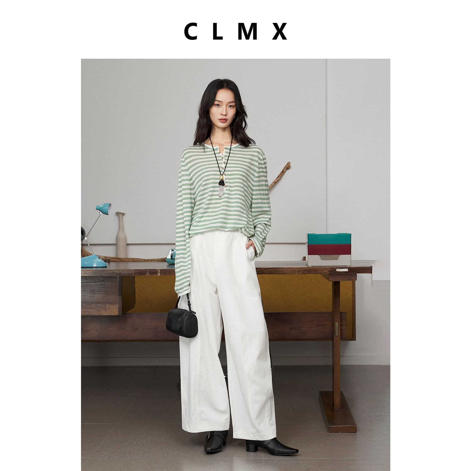 CLMX16针绵羊毛纱线圆领条纹挺括上衣春季女通勤高级长袖针织衫