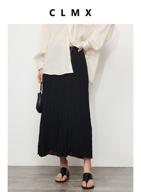 CLMX亚麻风格十字纹肌理压褶面料 经典时髦造型感松紧腰褶皱半裙