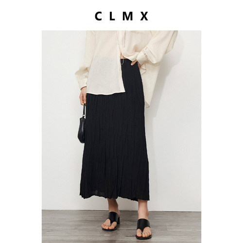 CLMX亚麻风格十字纹肌理压褶面料 经典时髦造型感松紧腰褶皱半裙