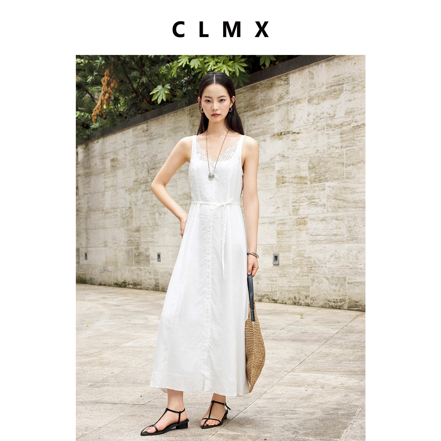 CLMX法式苎麻蕾丝吊带连衣裙