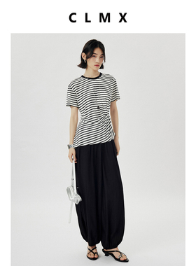 CLMX夏季百搭轻盈圆领修身上衣正肩压褶短袖条纹T恤女
