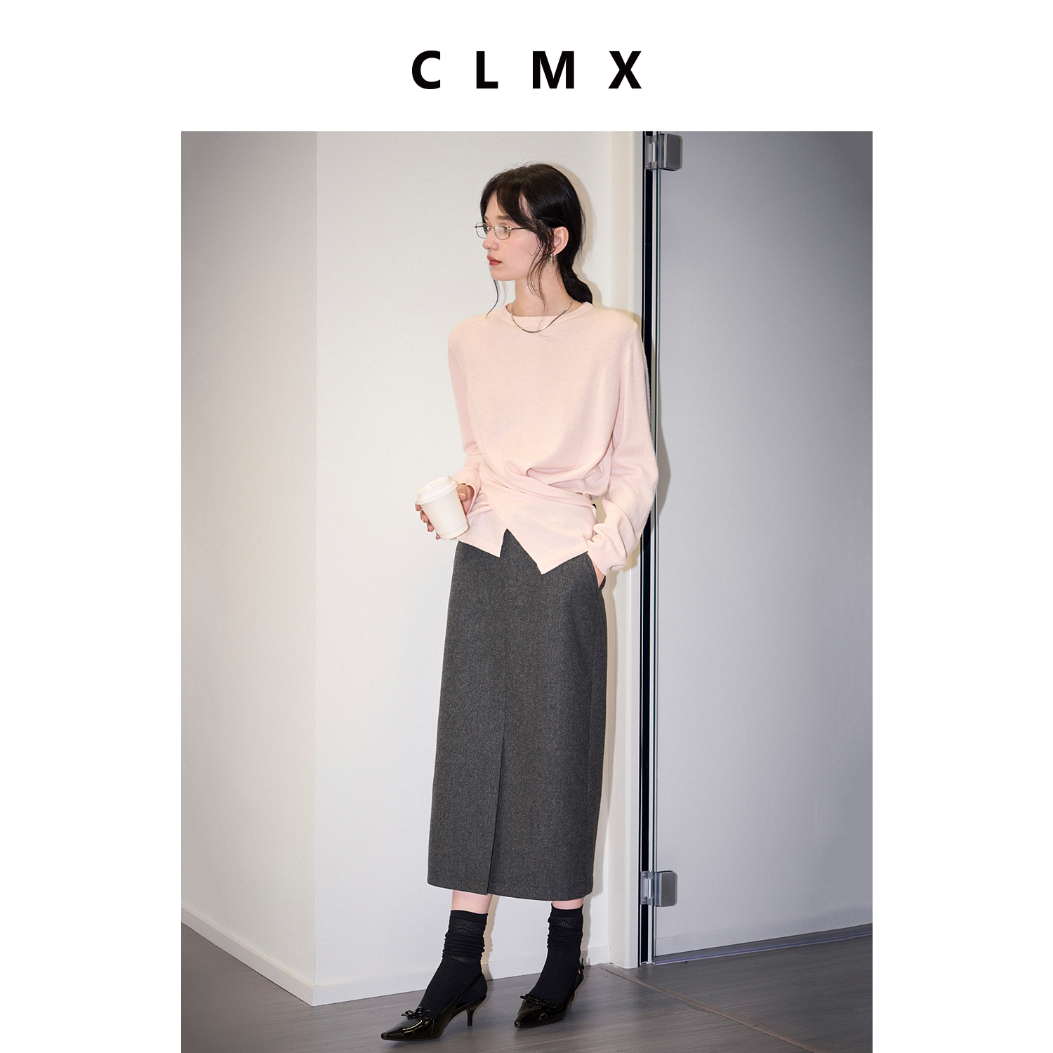 CLMX秋季通勤开衩半身裙女磨毛绒感斜纹软薄羊毛呢裙子配腰带