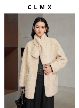 CLMX100%绵羊毛时髦宽松落肩廓形圆领外套赠围巾