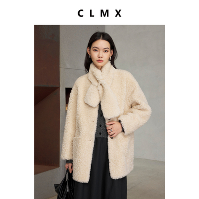 CLMX100%绵羊毛时髦宽松落肩廓形圆领外套赠围巾