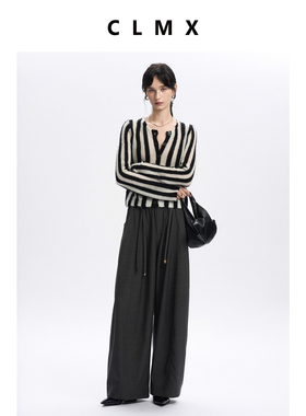 CLMX复古条纹圆领合体版针织开衫长毛马海毛混纺纱线面料休闲上衣