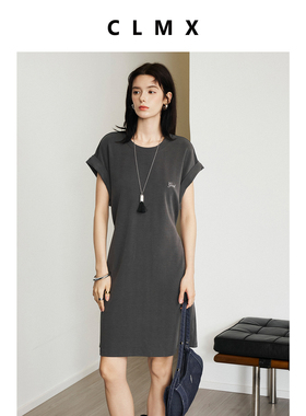 CLMX简约裙子悬垂易打理轻盈莫代尔针织收腰印花连衣裙