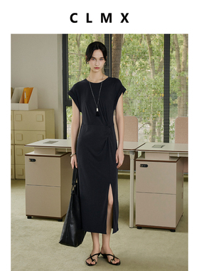 CLMX透风砂洗工艺坑条兰精莫代尔雕塑流线感扭结腰开衩修身连衣裙