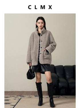 CLMX100%绵羊毛落肩宽松版型羊毛牛角扣大贴袋宽松外套