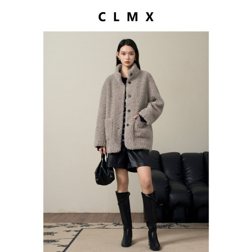 CLMX100%绵羊毛落肩宽松版型羊毛牛角扣大贴袋宽松外套
