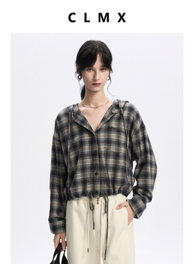 CLMX复古美式连帽长袖衬衫外套全棉拉毛色织格纹面料休闲上衣女