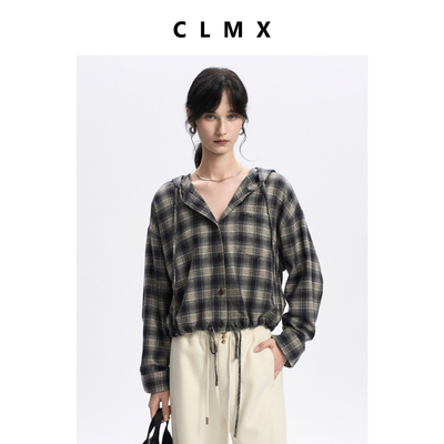 CLMX复古美式连帽长袖衬衫外套全棉拉毛色织格纹面料休闲上衣女