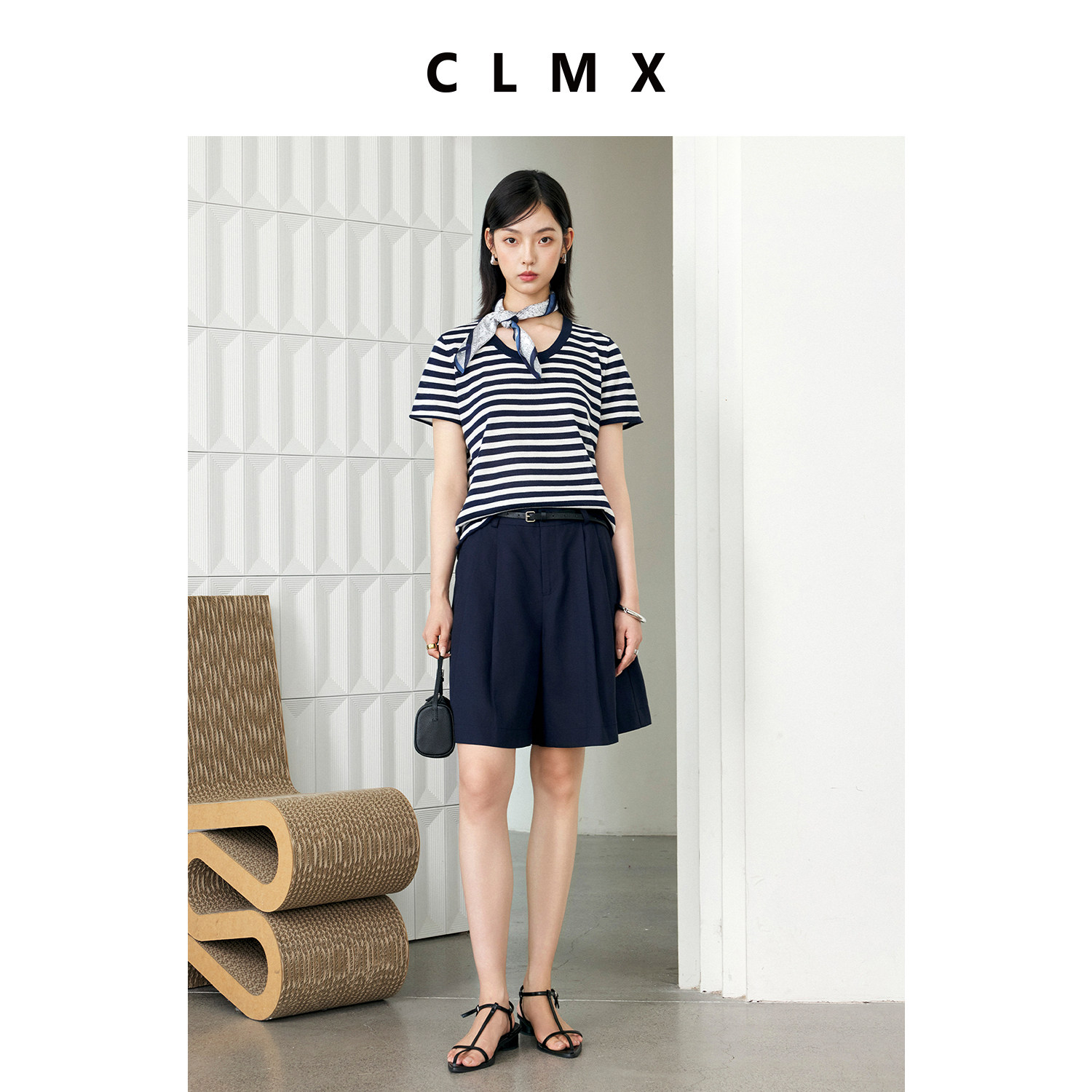 CLMX复古羊毛亚麻撞色条纹T恤