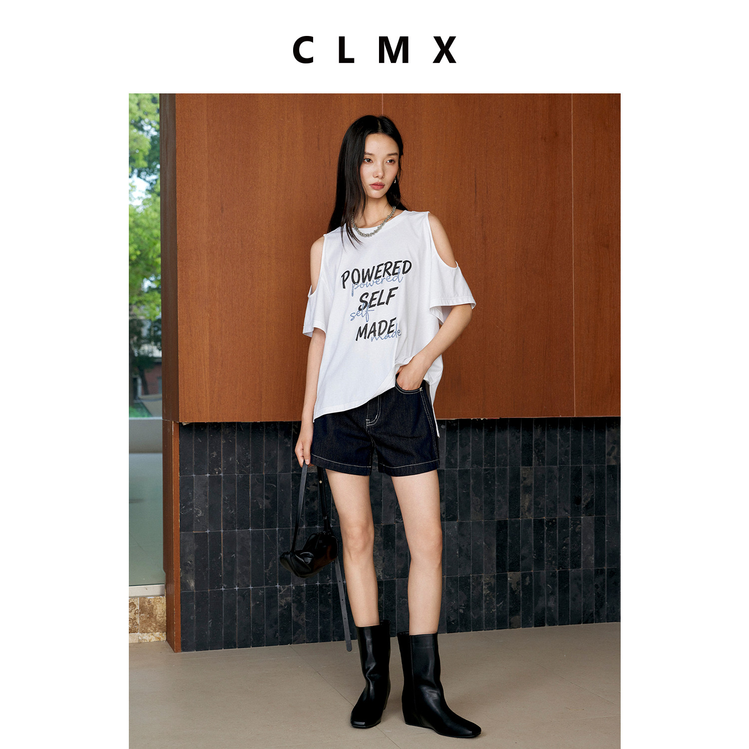 CLMX露肩字母印花短袖T恤女