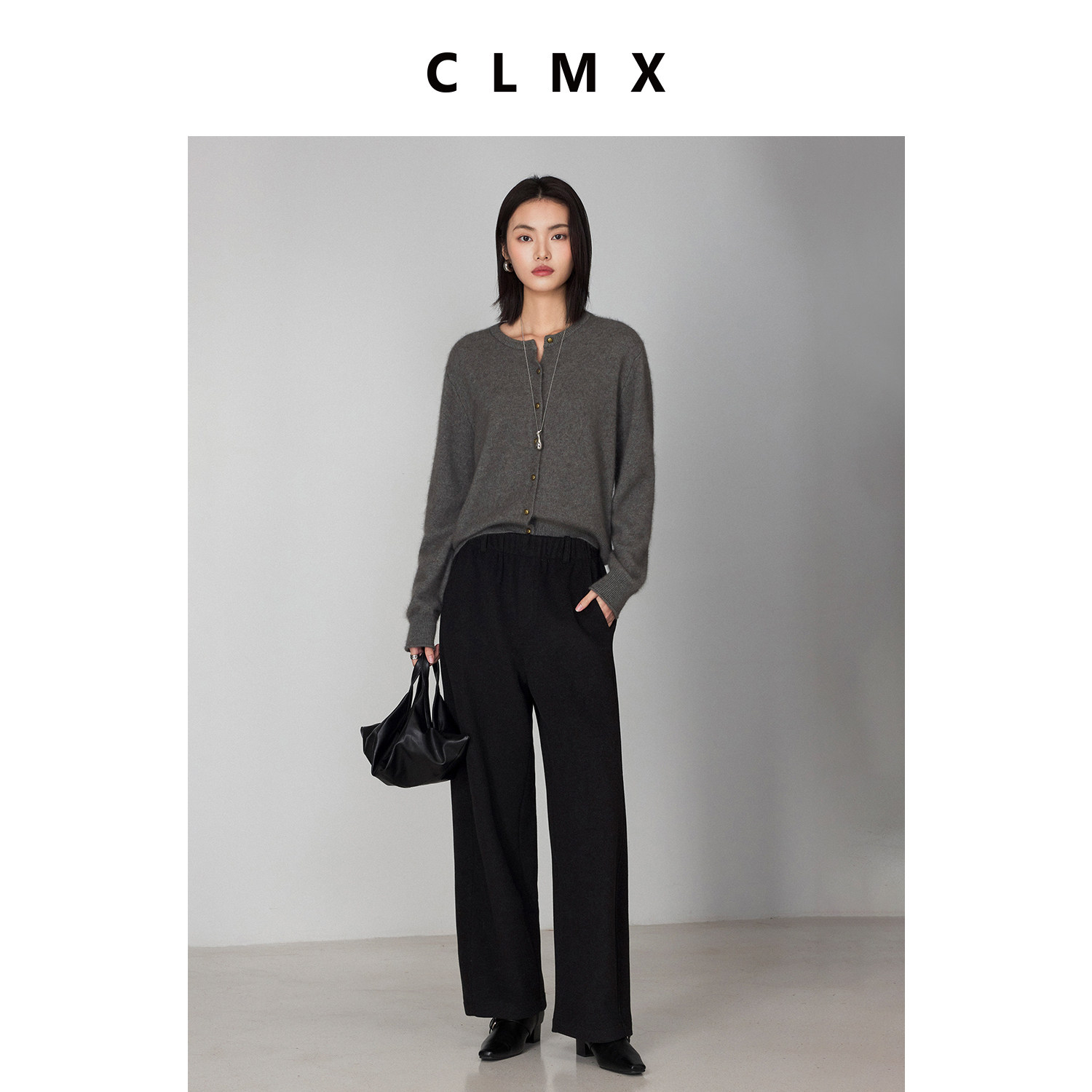 CLMX重磅特种动物毛绵羊毛混纺纱线针织衫经典正肩合体圆领开衫女