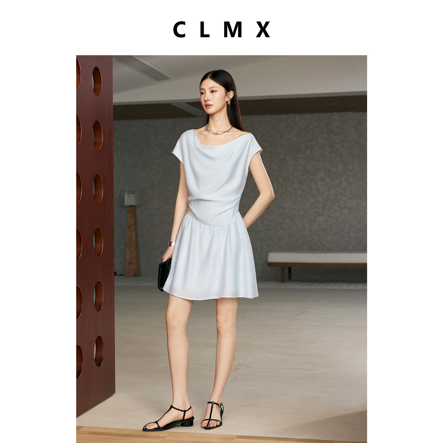 CLMX亚麻一字荡领收腰连衣裙
