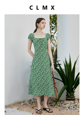 CLMX泡泡袖方领碎花连衣裙女夏季气质中长款收腰显瘦通勤风衣服