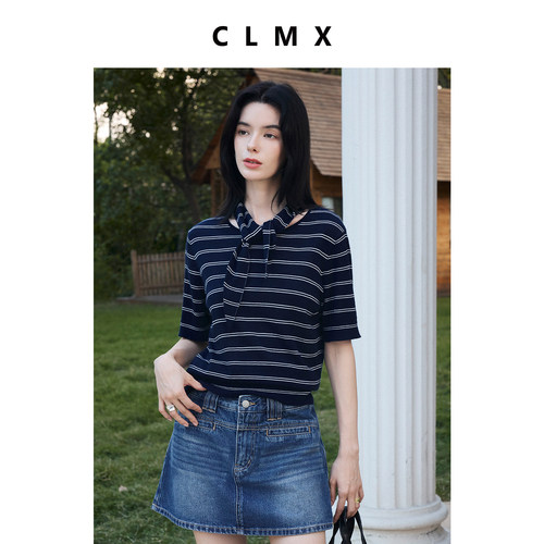 CLMX时装风飘带针织短袖上衣羊毛混纺面料宽松通勤针织衫女