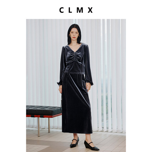 CLMX复古聚酯纤维流光感绒面料 VTG丝绒V领上衣/半裙/神裤套装