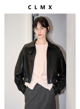 CLMX工装风PU皮夹克上衣挺阔有型宽松显瘦秋季纯色翻领短外套女