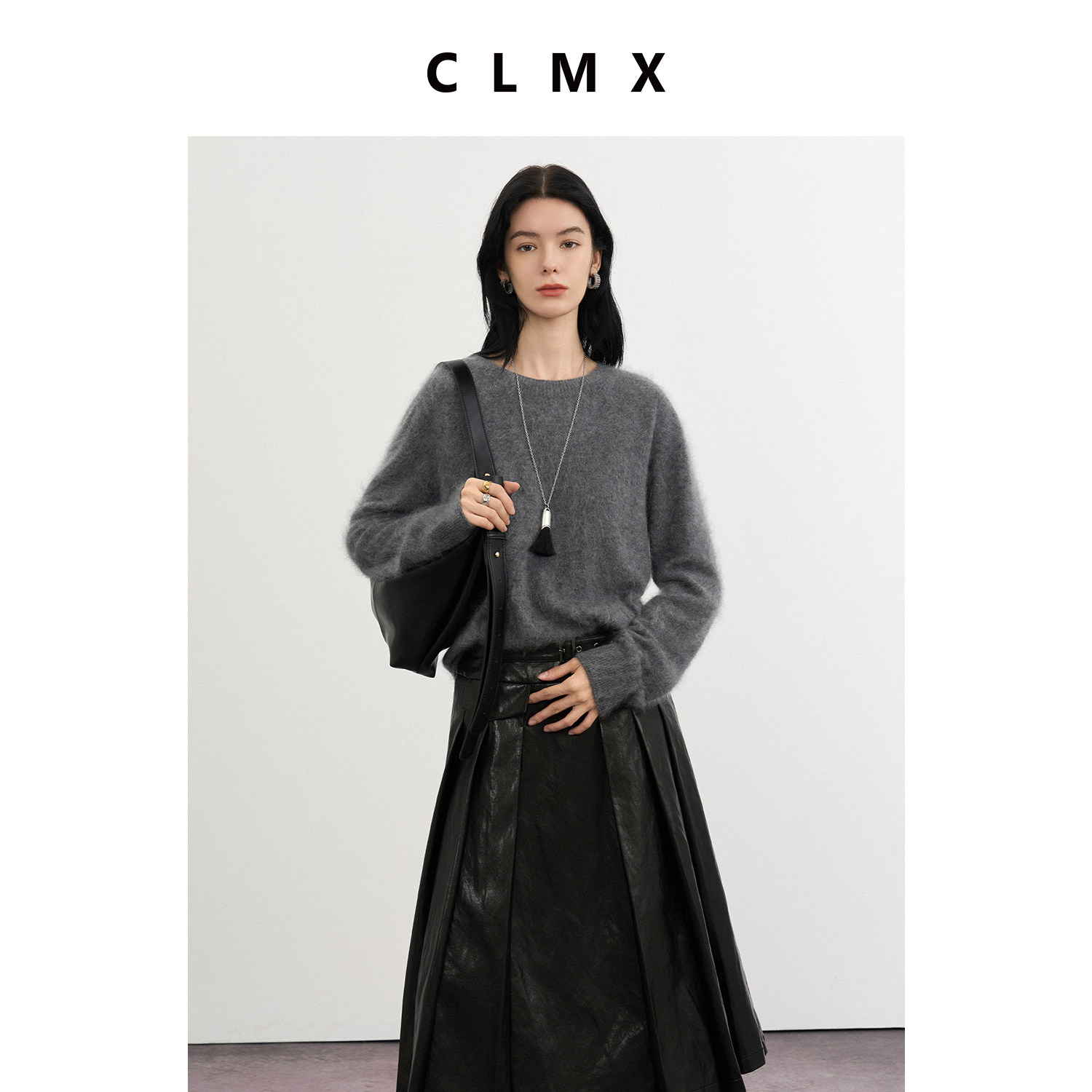 CLMX时髦知识分子风亮面pu腰带百褶裙秋冬通勤压褶半身裙女