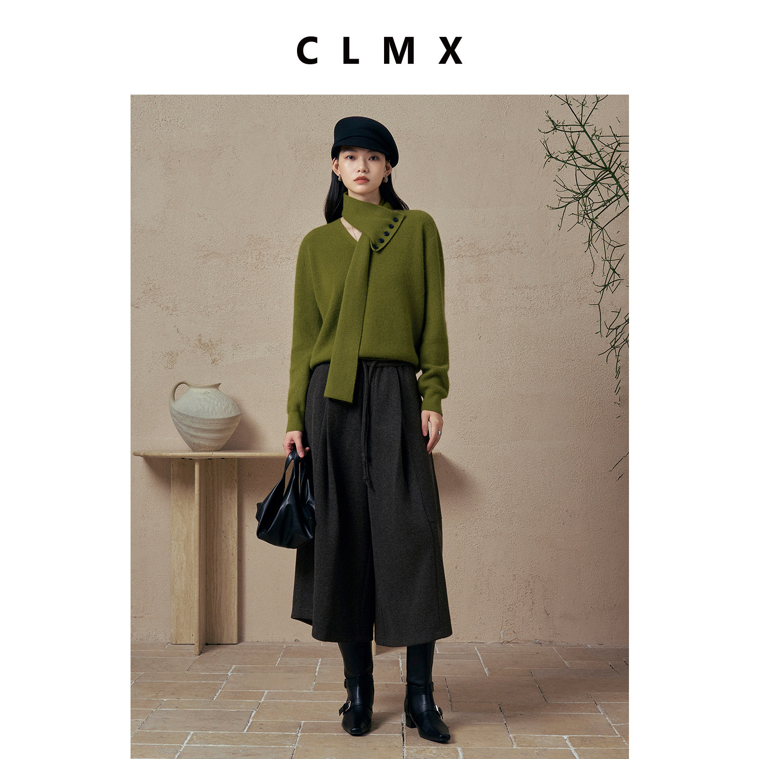 CLMX时装感随性八分灯笼阔腿裤艺术杂色花呢羊毛混纺针织通勤裤子