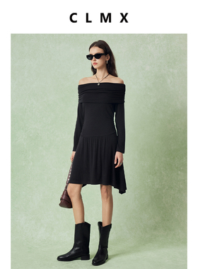 CLMX甄选天然醋酸腈纶不易起球显瘦肩颈一字肩双层领收腰连衣裙