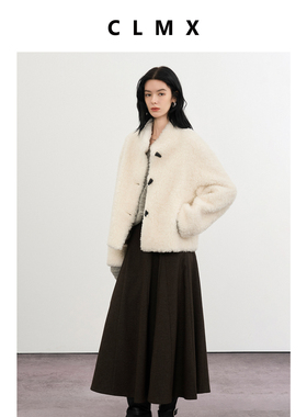 CLMX拼接A摆伞裙复古色织混纺斜纹单面磨毛面料秋冬通勤半身裙女