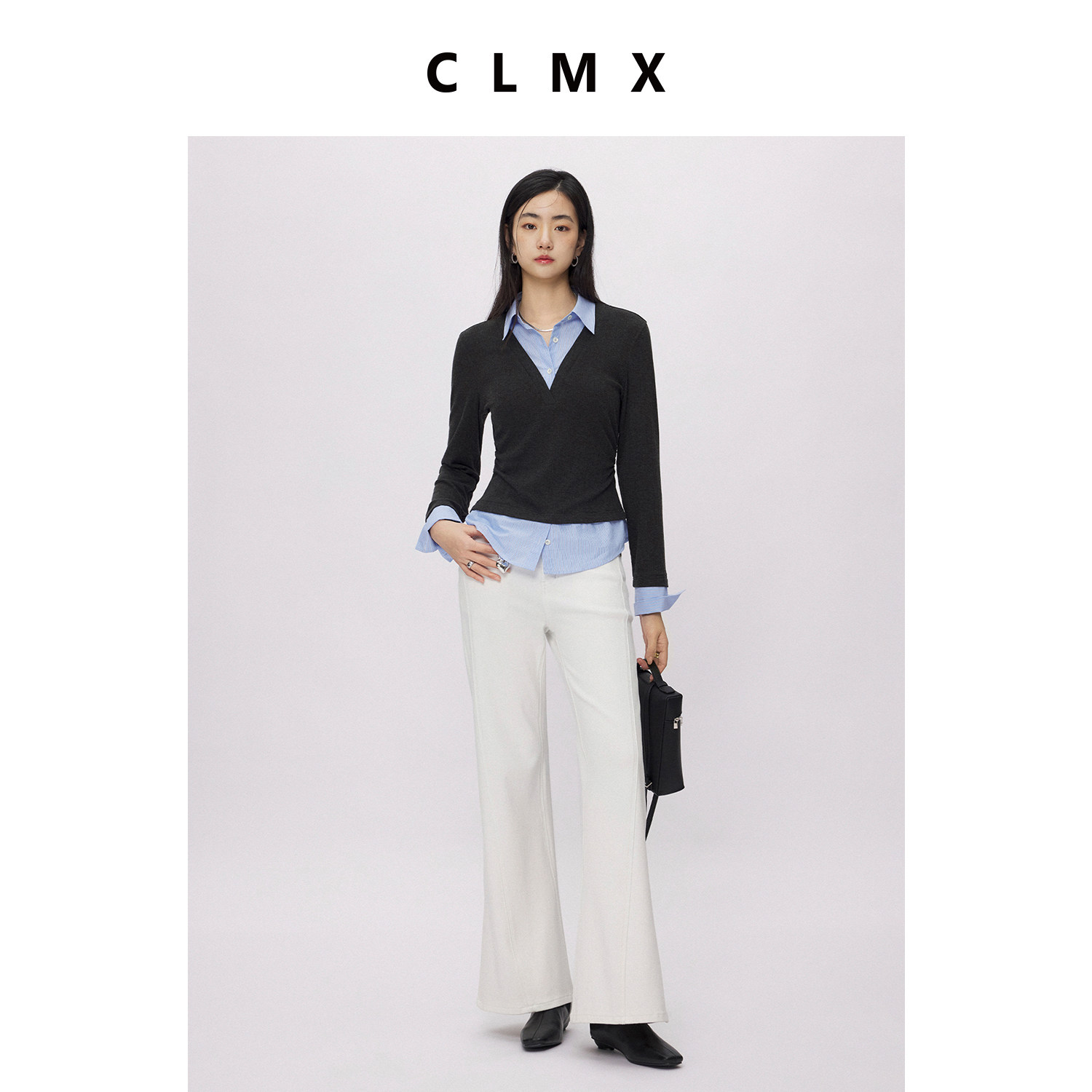 CLMX定织醋酸山羊绒混纺针织面料半开襟长袖假两件套头拼接上衣