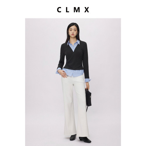 CLMX定织醋酸山羊绒混纺针织面料半开襟长袖假两件套头拼接上衣