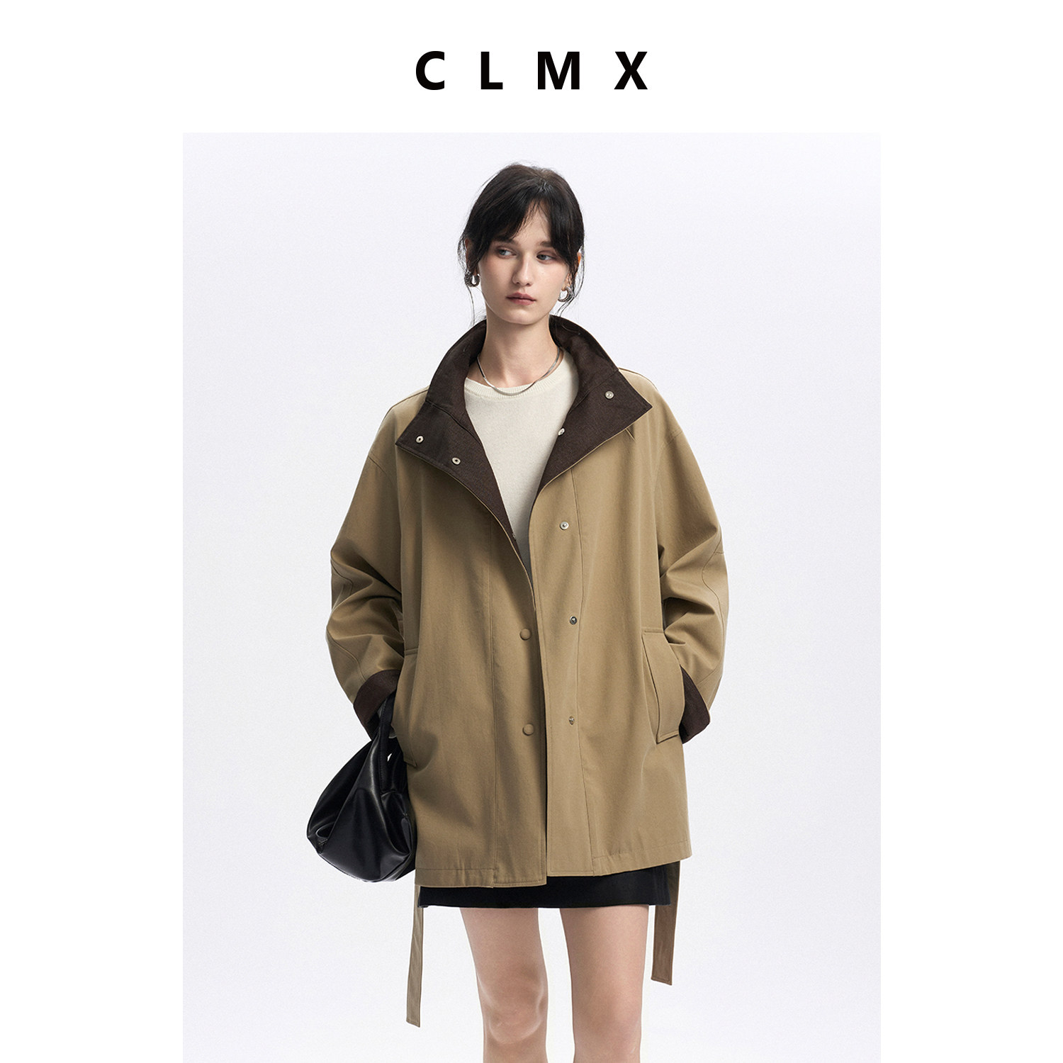 CLMX复古翻立领插肩袖宽松风衣水洗全棉挺阔宽松通勤上衣外套女