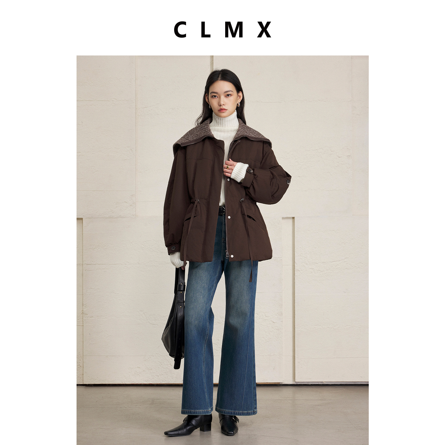 CLMX90白鸭绒填充轻量感蓬松御寒假两件毛织翻领抽绳腰羽绒服外套