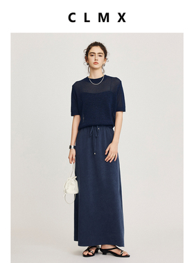 CLMX简约通勤圆领短袖上衣轻盈干爽和纸纱混纺纱线面料针织衫女