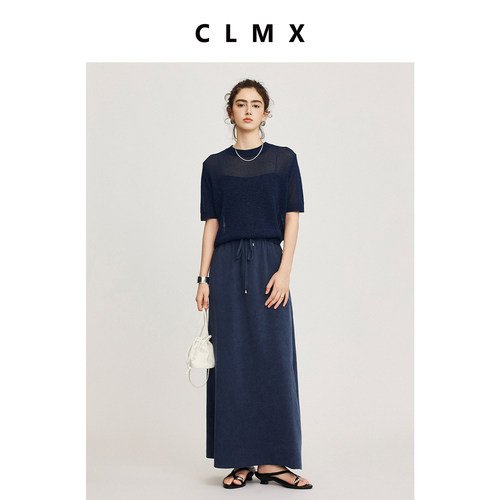 CLMX简约通勤圆领短袖上衣轻盈干爽和纸纱混纺纱线面料针织衫女