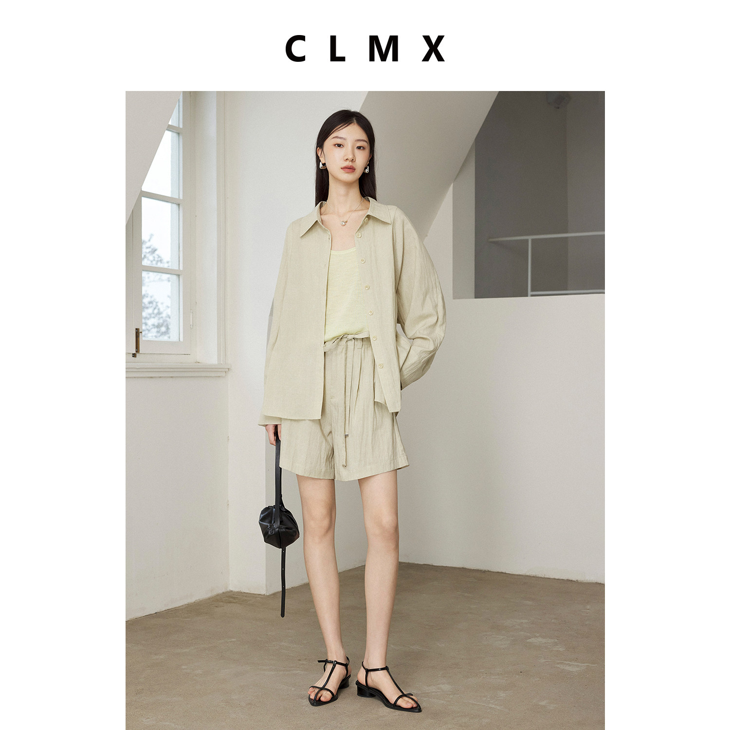 CLMX莱赛尔亚麻通勤简约长袖衬衫女夏季休闲翻领上衣系带短裤套装
