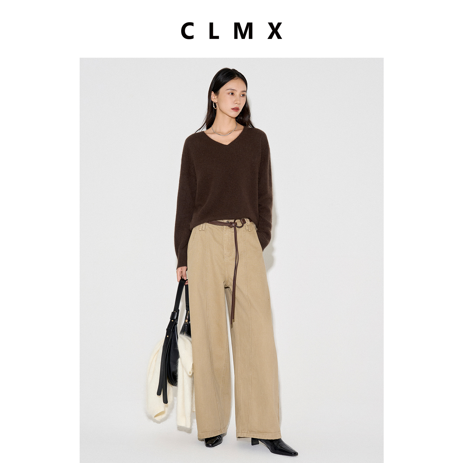 CLMX秋冬纯色通勤拼接阔腿裤棉莱赛尔混纺粗斜纹面料休闲廓形长裤 - 封面