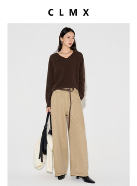 CLMX秋冬纯色通勤拼接阔腿裤棉莱赛尔混纺粗斜纹面料休闲廓形长裤