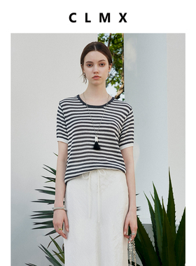 CLMX轻盈透气和纸亚麻纱面料 百搭通勤风经典针织圆领空气T恤上衣