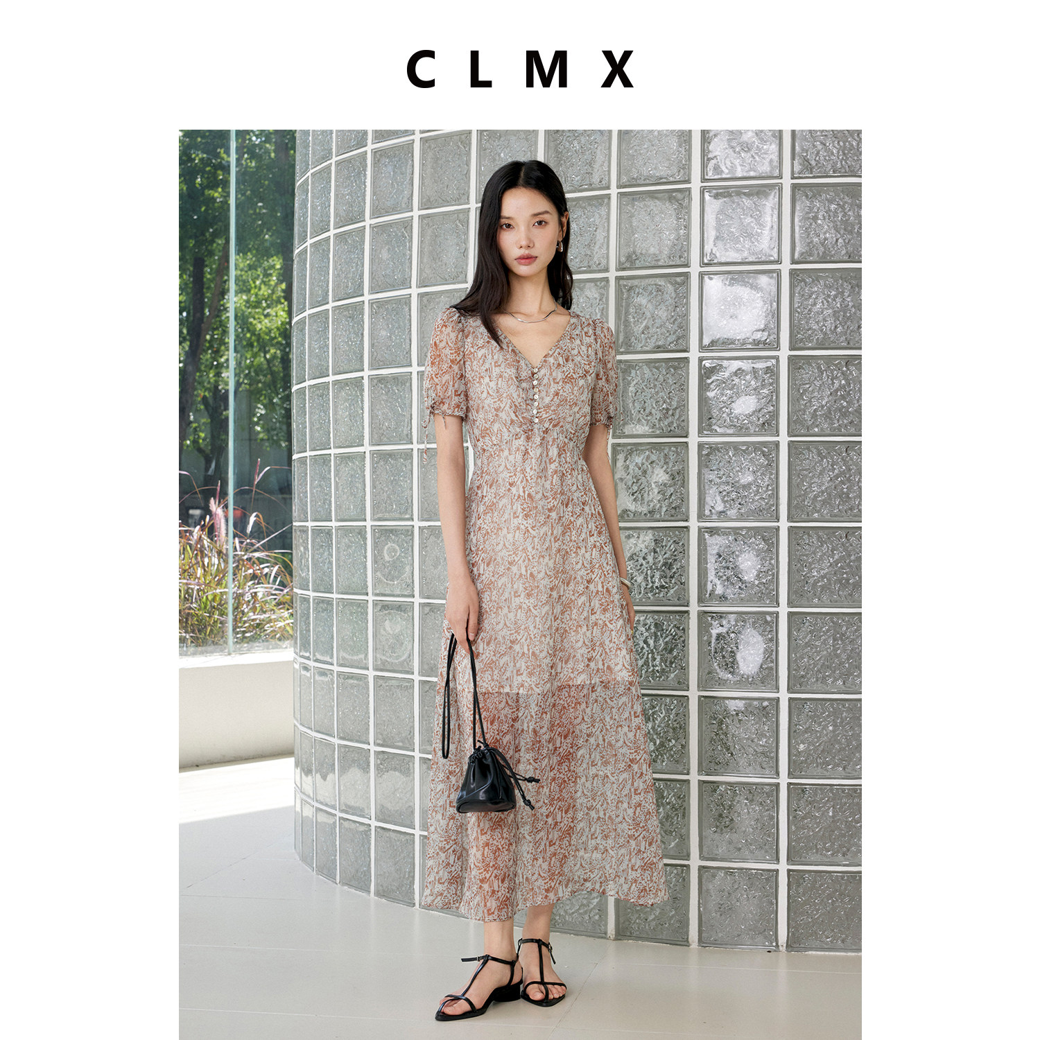 CLMX复古印花V领雪纺连衣裙