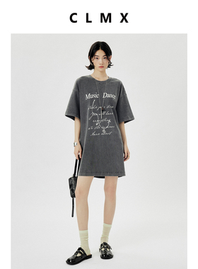 CLMX夏季通勤宽松腰T恤裙砂洗柔软100%棉做旧字母印花连衣裙